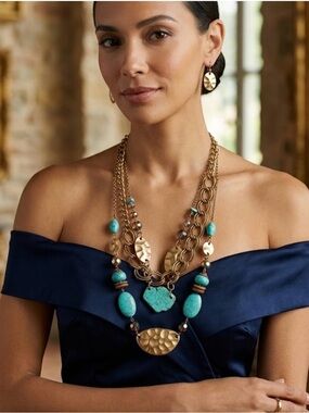 Elegant Gold and Turquoise Multi-Strand Statement Necklace by